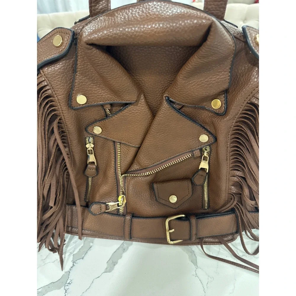 Brown Faux Leather Moto Jacket Fringe Backpack Gold Hardware Convertible Straps